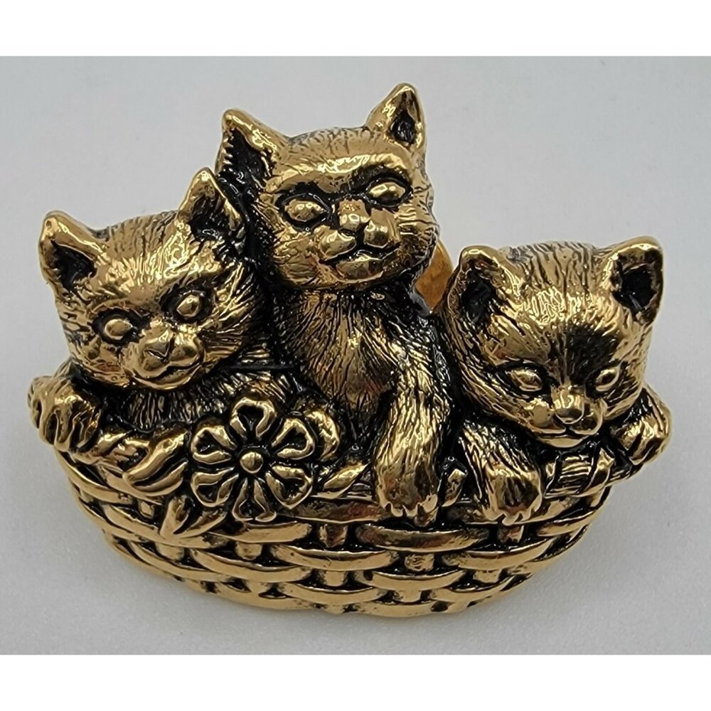 Vintage 1990 Avon Basket‎ of Love Pin - Kittens Goldtone
